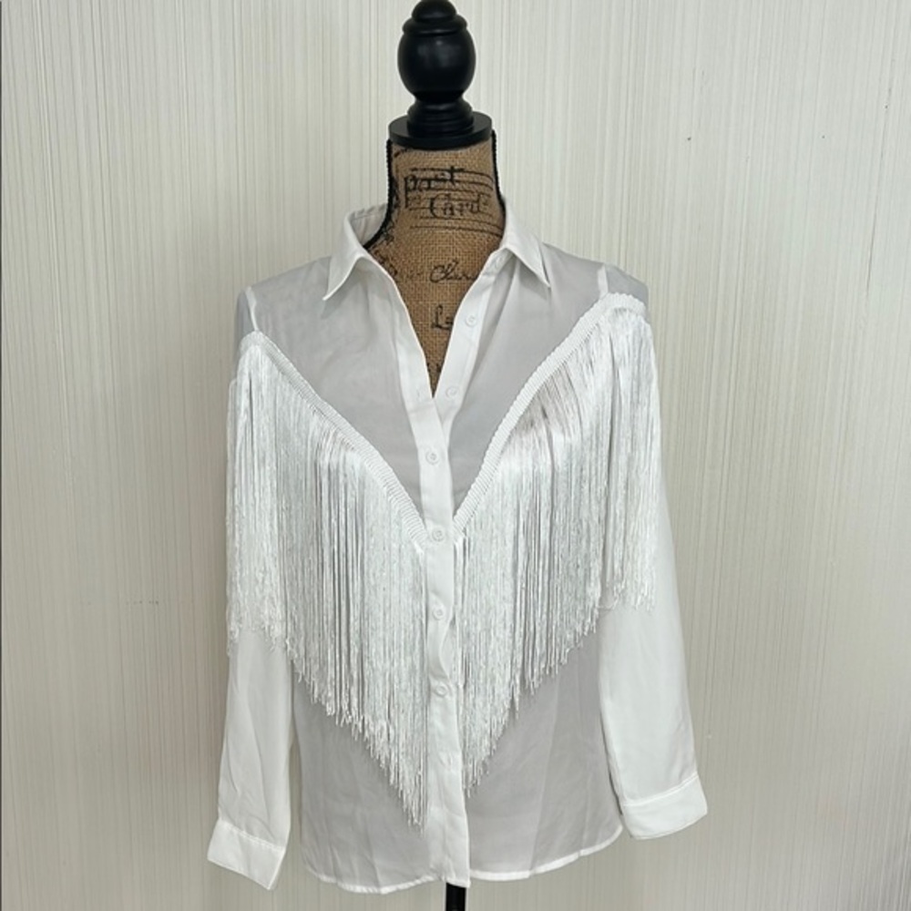 SHEIN White Cowgirl Embellished Long Sleeve Button Down Shirt